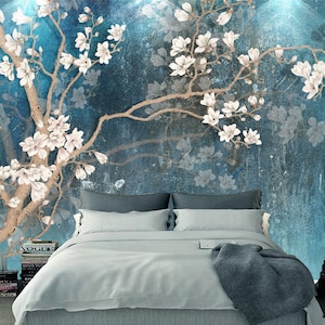 Dark blue magnolia mural, Chinoiserie style, custom wallpaper, peel and stick