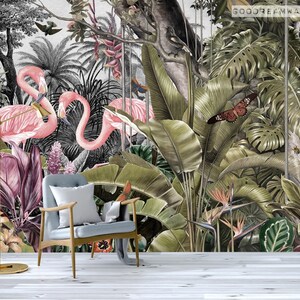Rainforest landscape with flamingos, old fashioned style,custom wallpaper