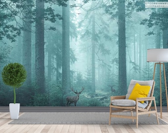 Forest wallpaper,,Deer wallpaper, pine forest wallpaper, forest dew wallpaper, forest mural