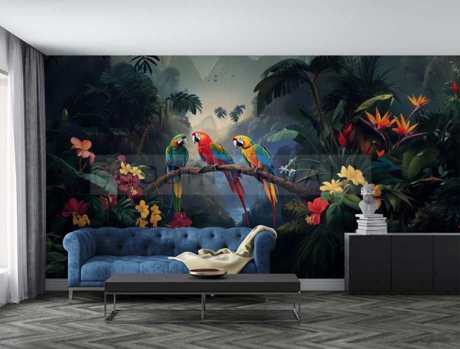 Mural of colorful parrots in the rainforest
