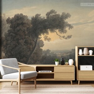 Wallpaper print version of 18th century black and white painting of lake and tree landscape