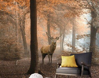 Forest wallpaper,,Deer wallpaper, pine forest wallpaper, forest dew wallpaper, forest mural