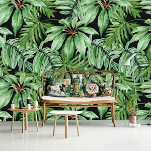 Green leaf wallpaper, tropical, wall cloth, custom wall background, self-adhesive wallpaper