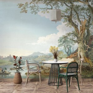 18th century European classic landscape mural, vintage large tree painting.