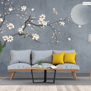 Mangolia wallpaper, peach blossom wallpaper, spring wallpaper, mural, custom wallpaper, wallpaper peel and stick