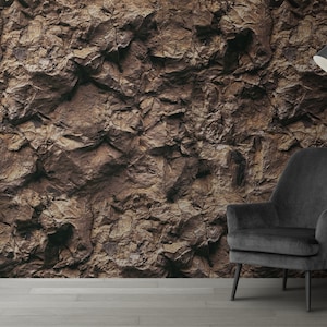 Dark golden brown stone wall wallpaper, custom mural canvas, peel and stick