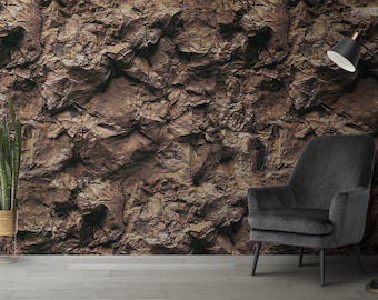 Dark golden brown stone wall wallpaper, custom mural canvas, peel and stick