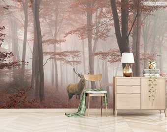 Forest wallpaper,,Deer wallpaper, pine forest wallpaper, forest dew wallpaper, forest mural