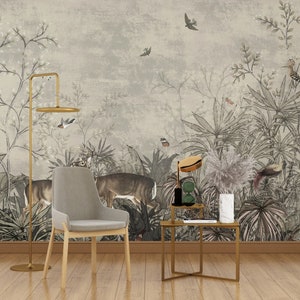 Vintage old style wall painting with natural landscapes of trees, flowers and animals, gray tones