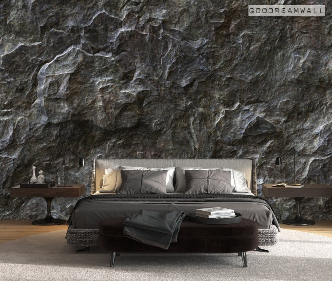 Dark Gray Stone Wall Wallpaper, Cave Cliff Wallpaper Etsy