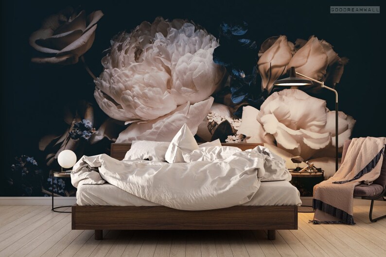 Mural Painting Giant Peony Flowers in White and Blue - Etsy