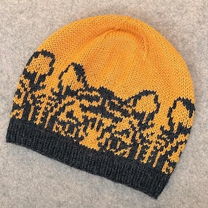 May include: A knitted beanie hat in shades of orange and dark gray. The hat features a dark gray band at the base and a repeating pattern in dark gray across the orange crown. The hat is made of a soft, textured yarn.