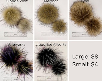 Pompoms, Faux Fur Pompoms, Vegan Pompoms, Handmade Pompoms, Pompom for Top of Hats, Various Colours, 2 Sizes - Small/Large, Luxury Faux Fur