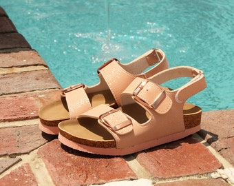 THANKSGIVING GIFT - Girls' Pink Vegan Leather Sandals: Adjustable Double Buckle Slides