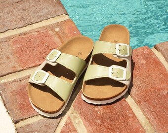 THANKSGIVING GIFT - Handmade Vegan Leather Kids' Sandals Green & White Double Buckle Slides