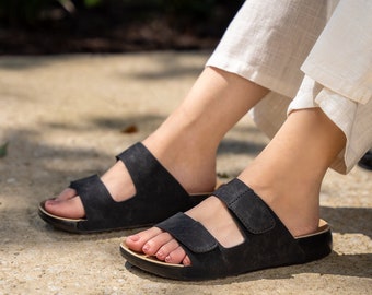 THANKSGIVING GIFT - Women's Black Vegan Leather Sandals: Women's  Arch Support Double Buckle Slides
