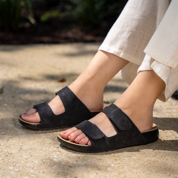 CLEARANCE SALE - Women's Black Vegan Leather Sandals: Women's  Arch Support Double Buckle Slides