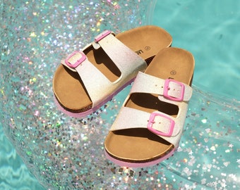 THANKSGIVING GIFT - Girls Glitter Pink Sandals: Vegan Leather Slides with Arch Support