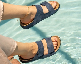 THANKSGIVING GIFT - Women's Blue Vegan Leather Sandals: Women's  Arch Support Slides