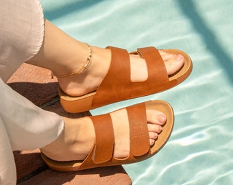 THANKSGIVING GIFT - Women's Brown Vegan Leather Sandals: Women's  Arch Support Double Buckle Slides