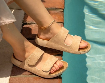 THANKSGIVING GIFT - Women's Beige Vegan Leather Sandals: Women's  Arch Support Double Buckle Slides