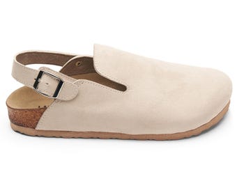 THANKSGIVING GIFT - Women's Beige Vegan Leather Buckle Sandals: Women's  Cork Backstrap Slides