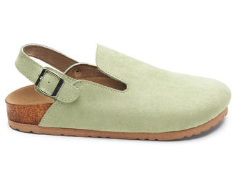 THANKSGIVING GIFT - Women's Vegan Leather Buckle Slides: Mint Green Cork Sandals