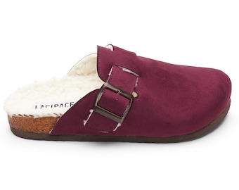 THANKSGIVING GIFT - Women's Vegan Suede Clogs: Maroon Wool Lined Sandals