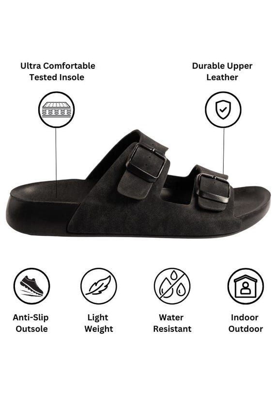 Black Vegan Leather Slide Sandals: Arch Support, Double Buckle - Etsy