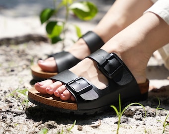 THANKSGIVING GIFT - Women's Black Vegan Leather Sandals: Women's  Double Buckle Cork Slides