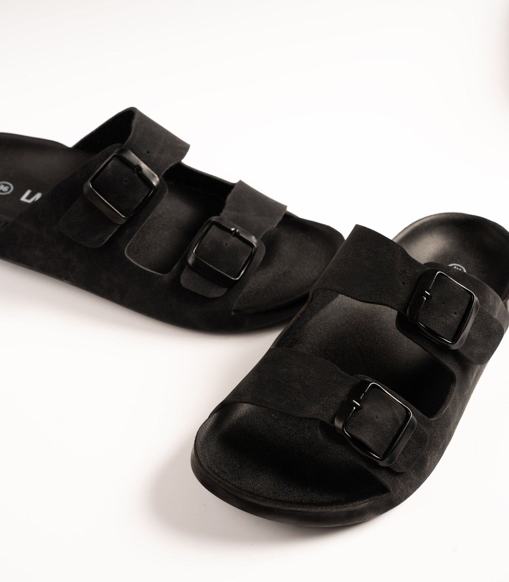 Black Suede Double-Buckle Slide Sandal Nappa Leather Double Buckle Slide in Black main image 2