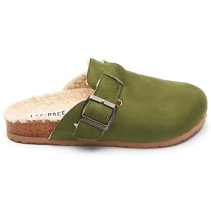 May include: Green suede clog with a buckle and a faux fur lining. The clog has a cork platform sole.