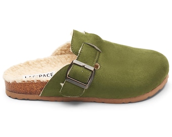 THANKSGIVING GIFT - Women's Green Vegan Suede Clogs: Fluffy Wool Arch Support Sandals