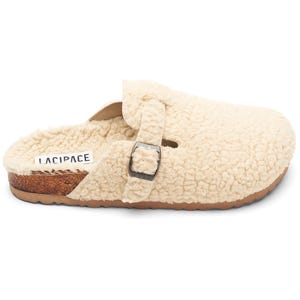 May include: Cream-colored fuzzy slippers with a buckle strap and a cork sole. The brand name "LACIPACE" is printed on the sole.