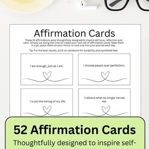 52 Cartões de Afirmações Positivas para Imprimir // Afirmações Diárias de Amor-Próprio // Cartões de Atenção Plena // Download Digital // Ideia de Presente de Bem-Estar