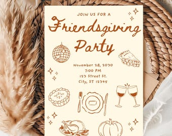 Bewerkbare sjabloon voor Friendsgiving-feestje | Canvas dineruitnodiging voor de herfst | Uitnodiging dinerfeest Thanksgiving | Uitnodiging najaarsfeestje