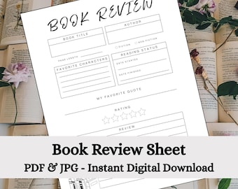 Book Review Sheet Printable PDF | Reading Journal Page for Book Lovers | Bookish Gift | Reading Planner | Book Tracker | Book Club Review