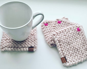 Chunky Knit Coasters with Pink Heart