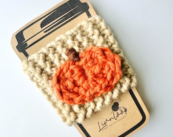Chunky Knit Fall Cup Cozy with Pumpkin | Crochet Pumpkin Cup Sleeve | Handmade Knit Pumpkin Coffee Sleeve | Cute Cozy Coffee Lover Gift