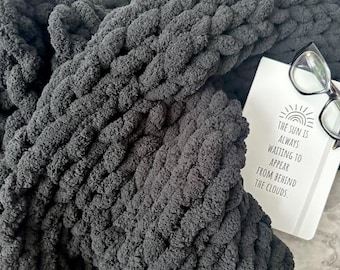 Chunky Knit Blanket | Chunky Knit Chenille Throw Blanket | Cozy Soft Hand Knit Blanket | Boho Home Decor | Plush Throw | Chunky Blanket Gift