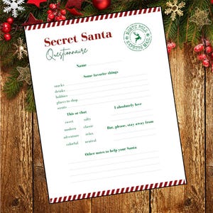 May include: A Secret Santa questionnaire on white paper with a red and green border. The form includes sections for favorite things, preferences, and notes. A North Pole Express Mail stamp is in the upper right corner.