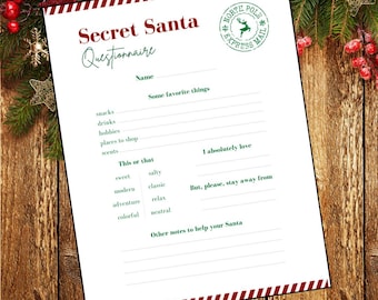 Secret Santa Questionnaire Printable | Christmas Wish List | Holiday Party Gift Exchange | Coworker Present Ideas | White Elephant