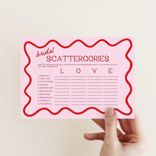 Bridal Scattergories Game | Pink and Red Bridal Shower, Bridal Shower Games, Wedding Scattergories, Editable Template, Wavy, Squiggly