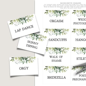 Dirty Bachelorette Charades | Greenery, Bachelorette Party Games, Hen Party Games, Charade Cards, Printable Bachelorette, Naughty Games, G1