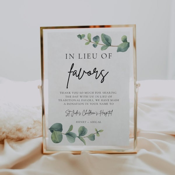 Eucalyptus In Lieu of Favors Sign | Wedding In Lieu of Favors Printable Sign, Wedding Donation Sign, Wedding Charity Sign, Greenery, Edit