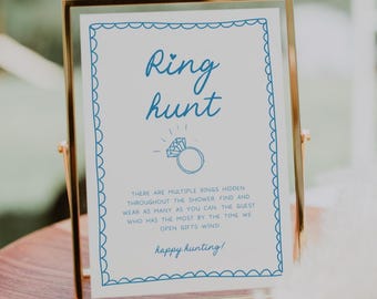 Ring Hunt Bridal Shower Game | Doodle Ring Hunt Sign, Printable Bridal Shower Games, Bridal Shower Printable, Ring Game Template, Blue, HDB