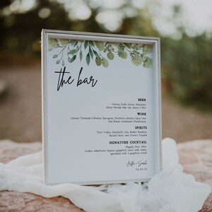 The Bar Sign | Greenery, Bar Menu, Editable Bar Menu, Printable Bar Menu, Wedding Bar Menu, Drink Menu, Wedding Drinks, Wedding Bar Sign, G1