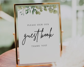 Guest Book Sign with Greenery | Wedding Guestbook Sign, Wedding Guest Book Sign, Please Sign Our Guestbook, Editable Template, Printable, G1