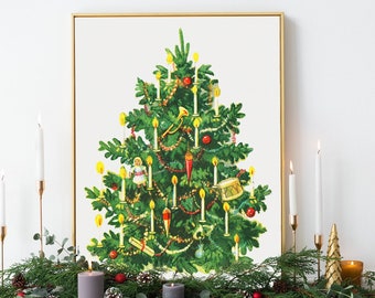 Vintage Christmas Tree Art Print / Christmas Tree Art, Arte navideño imprimible, Descarga instantánea, Decoraciones navideñas vintage, Antigüedades