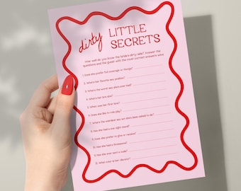 Dirty Little Secrets | Bachelorette Party Games, Bridal Shower Games, Who Knows The Bride Best, Hen Party, Pink and Red, Wavy Border